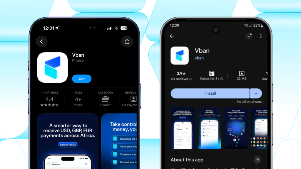 A phone showing Vban's IOS and google playstore download page.