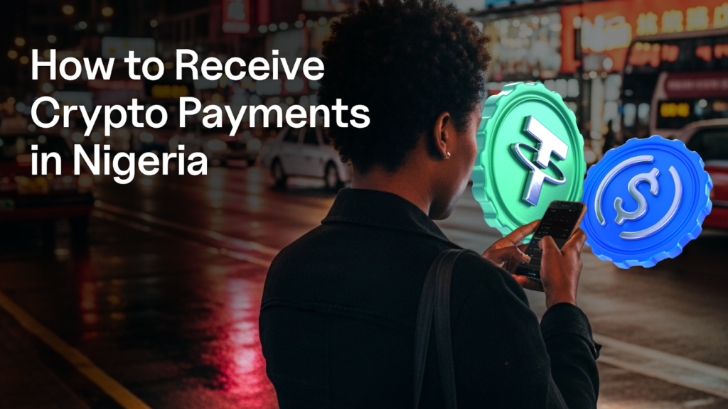 A woman holding her phone, receiving stable coin payments in USDT and USDC