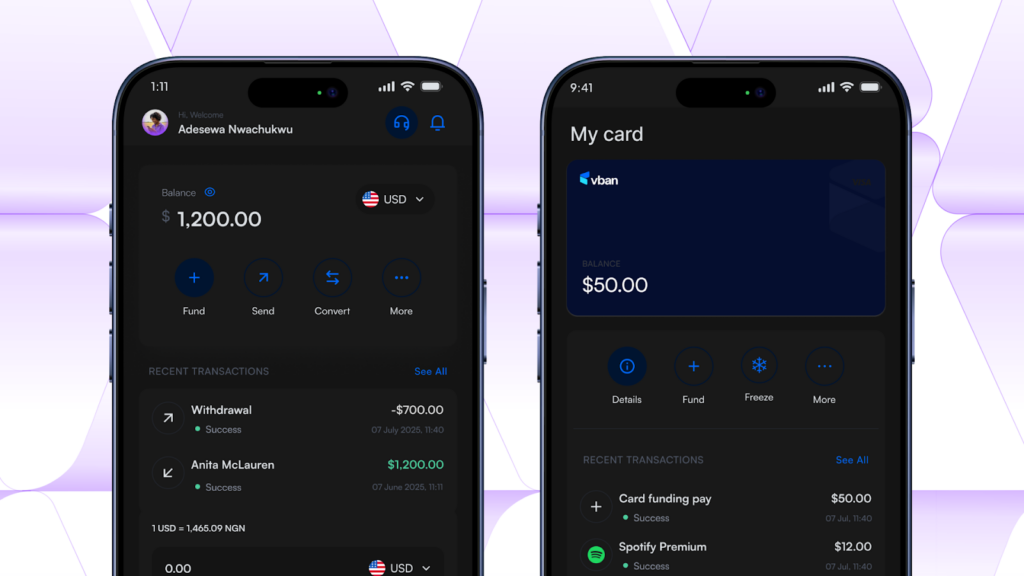 Vban mobile app interface showing USD wallet balance and transaction history.