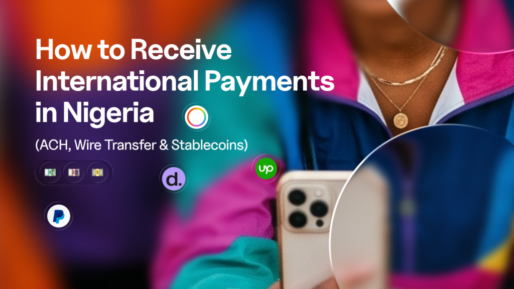 Illustration representing how freelancers and remote workers receive international payments in Nigeria using ACH transfers, wire transfers, and stablecoins through Vban