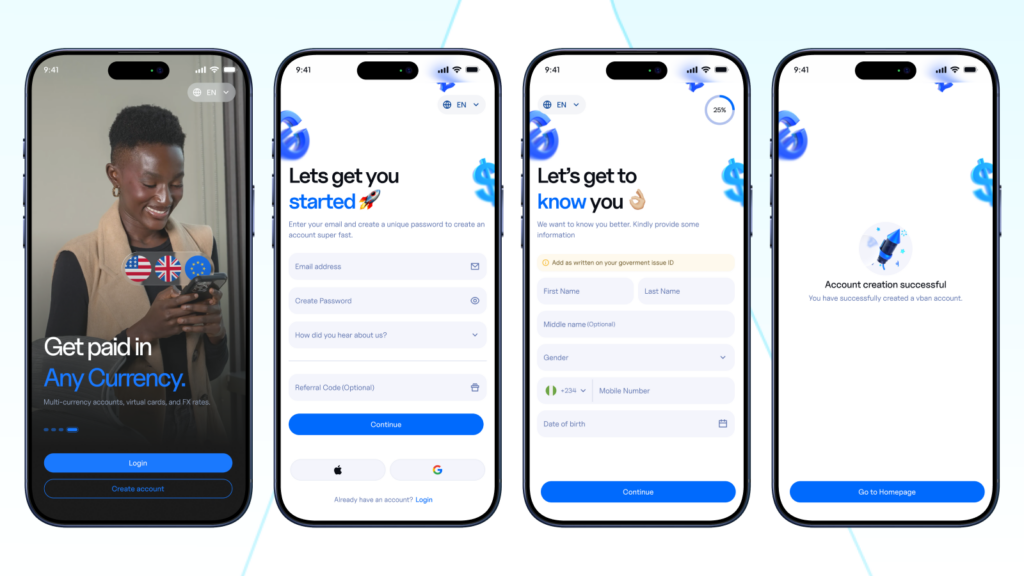 Onboarding on the Vban app before initiating ID verification