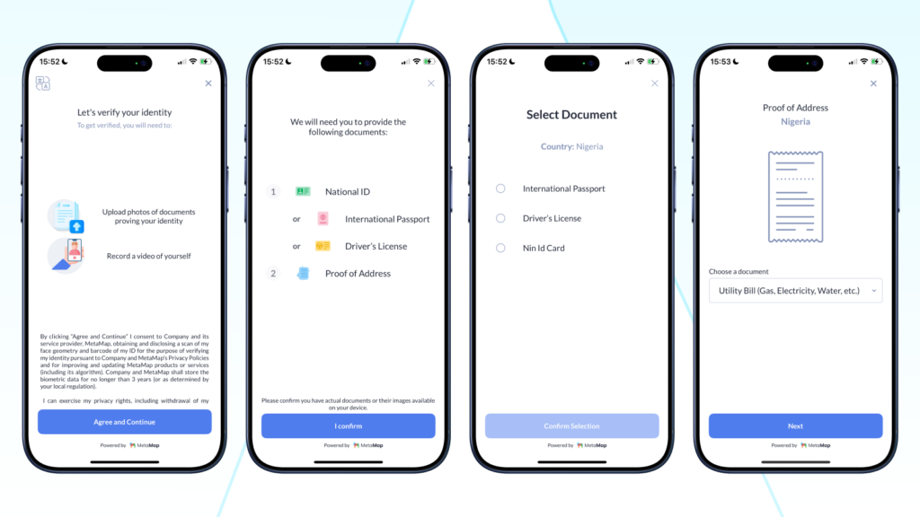 Uploading necessary ID documents such as NIN Card, International Passport or Driver's license for KYC verification on the Vban app 