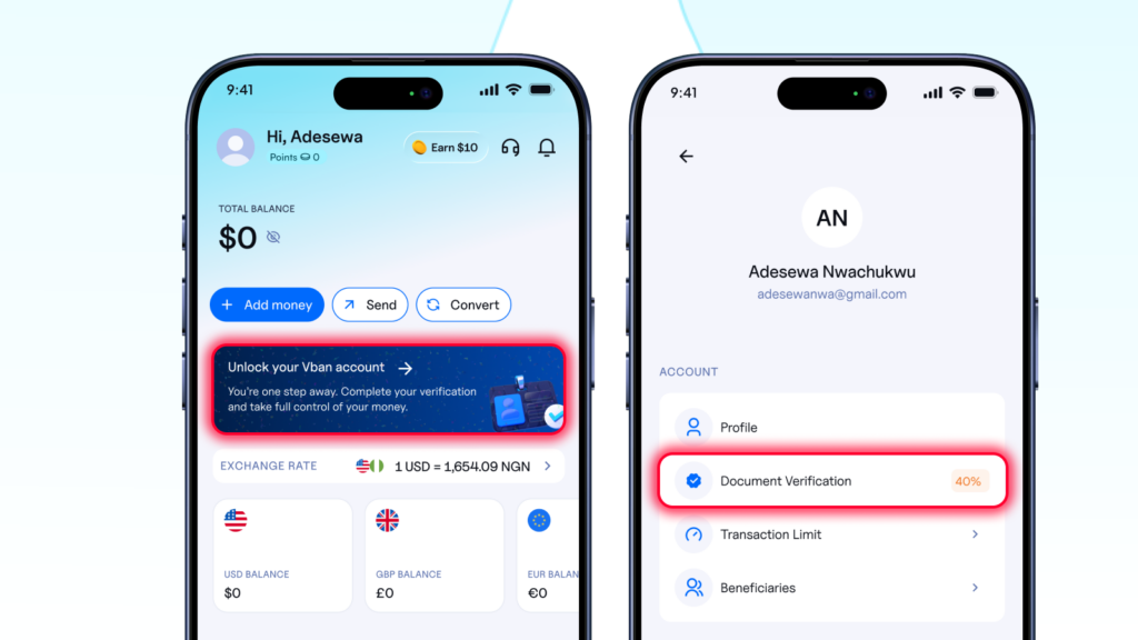 Initiating ID verification (KYC) on the Vban app 